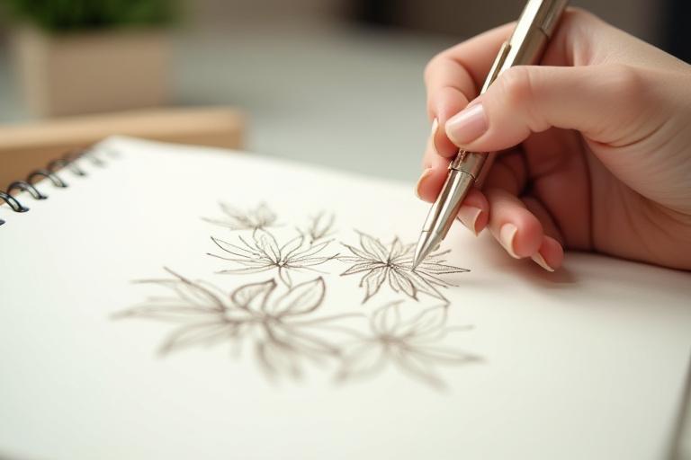 A designer's hands sketching intricate patterns inspired by desert flora and fauna in a well-lit studio.